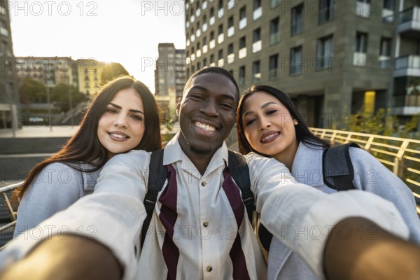 Three diverse students smiling into a smartphone, taking a city street selfie while walking and celebrating friendship, youth, and multicultural college life in warm daylight