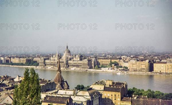 Cityscape view across Danube River from Buda to Pest, Hungarian Parliament Building, Budapest, Hungary, Europe 1967