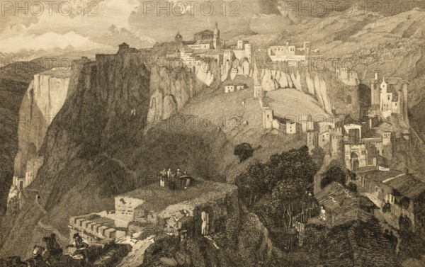 Ronda, Málaga province, Andalusia, Spain, city at peak level, protected location, mountainous landscape, steep cliffs, sheltered position, group on roof terrace, warm climate, residential buildings, church, architecture, steel engraving, historical illustration 1834