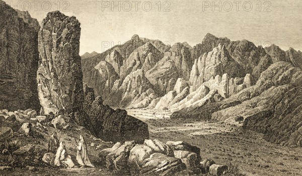 Valley near Watir, Sinai Peninsula, Egypt, valley with date palms, important foodstuff, group of Bedouins, rocky landscape, mountains, steel engraving, historical illustration 1834