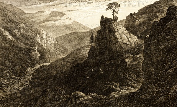 The Oker Valley, Harz nature park Park, Lower Saxony, Germany, mountains, natural landscape, deep valley, river Oker, steep rock face, single tree, rock peak, steel engraving, historical illustration 1834