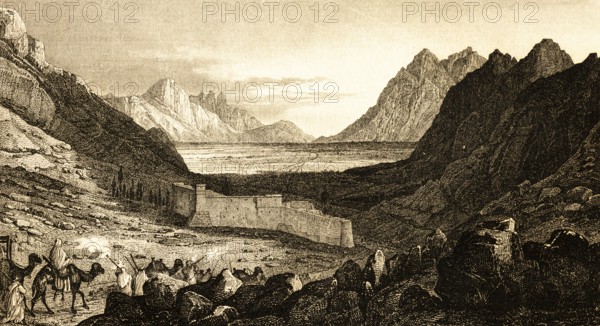 Greek Orthodox St. Catherine Monastery, Sinai Peninsula, Egypt, monastery fortress, high walls, Christianity, culture, loneliness, hermits, ten commandments, mountains, camels, horsemen, group, steel engraving, historical illustration 1834