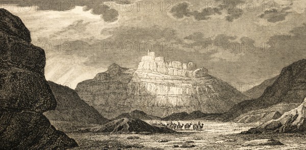 Tomb of Prophet Aaron or Harun, Christian and Islamic Prophet, Wadi Musa, Jordan, Djebel Haroun, Mount Haroun near Petra, camel caravan, desert, steel engraving, historical illustration 1834