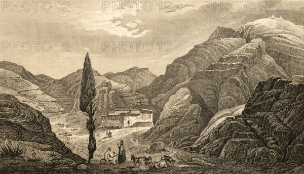 Mountain landscape on Sinai, Egypt, fortress, small herd of goats, shepherd, tree, sparse vegetation, desert-like, rocks, steel engraving, historical illustration 1834