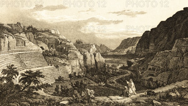 Petra Rock Theatre, Jordan, ancient architecture, mountain landscape, river, semicircle, steps, visitors, nature, steel engraving, historical illustration 1834