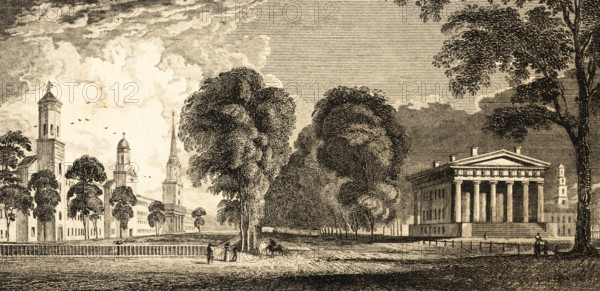 New Haven, state of Connecticut, USA, park, walkers, church towers, temple-like building, pillars, quiet scene, peace, relaxation, architecture, steel engraving, historical illustration 1834
