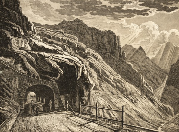 Gallery al Rio di Peder, road to the Stelvio Pass on the Rio de Peder, Switzerland, Italy, Alps, mountain peaks, rocks, road, travel, new tunnel, infrastructure, wooden fence, security, donkey with luggage, people, steel engraving, historical illustration 1834