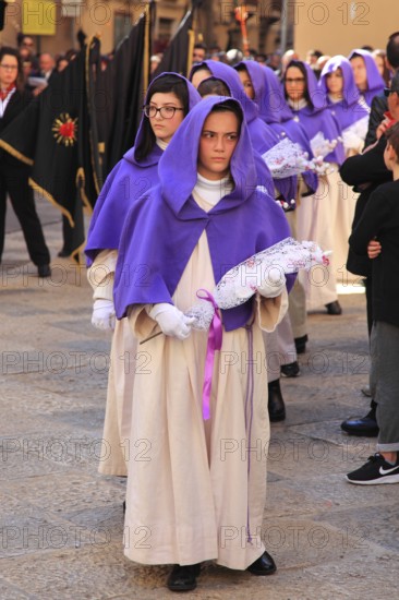 Sicily, Trapani, Good Friday mystery procession La Processione dei Misteri, groups accompany the procession with the mysteries through the old town