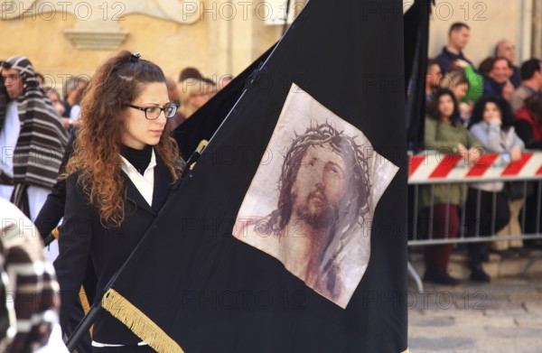 Sicily, Trapani, Good Friday mystery procession La Processione dei Misteri, groups accompany the procession with the mysteries through the old town