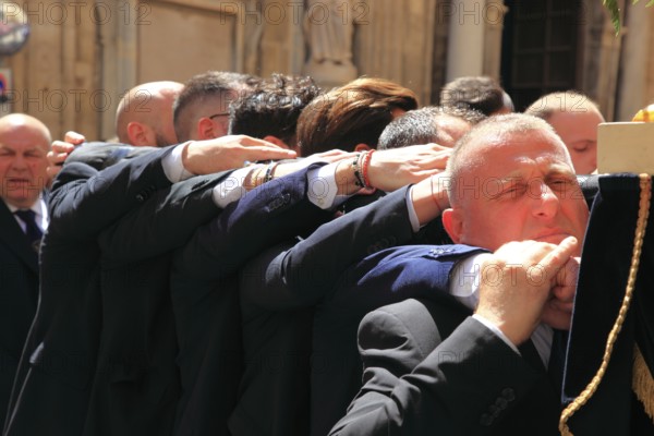 Sicily, Trapani, Good Friday mystery procession La Processione dei Misteri, men, called Massari, carry the mysteries through the old town