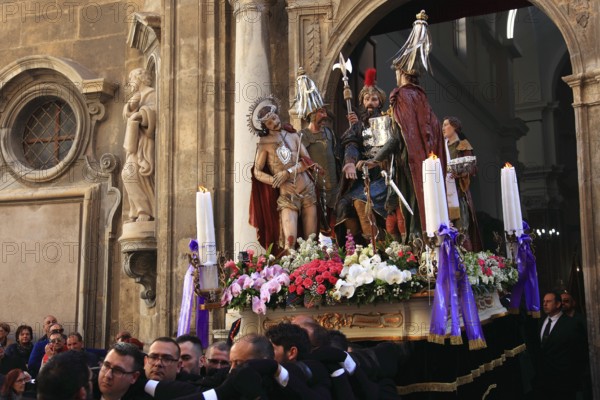 Sicily, old town of Trapani, Good Friday mystery procession La Processione dei Misteri, start of the procession with the mysteries from the church, Chiesa del Purgatorio