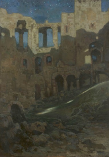 Kazimierz Stabrowski (b. 21 November 1869, d. 10 June 1929 in Garwolin), Polish painter: Ruins of the Krzyztopor castle in Ujazd (1904), Ruins of the Krzyztopor castle in Ujazd (1904), authentic, digitally restored reproduction from an early 20th century original, exact date of depiction unknown, Historical, Ancient ruins at night under a starry sky, mysterious atmosphere