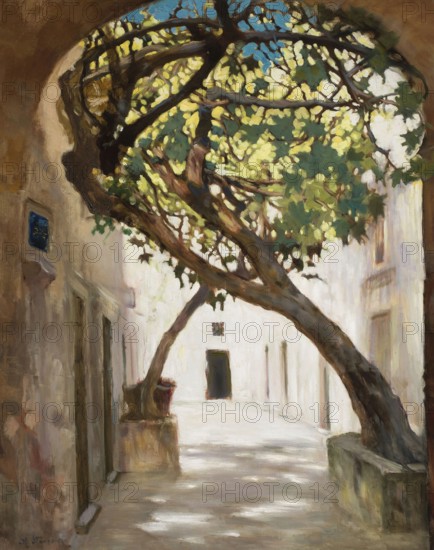 Kazimierz Stabrowski (b. 21 November 1869, d. 10 June 1929 in Garwolin), Polish painter: Street in Sarajevo (1927), Street in Sarajevo (1927), authentic, digitally restored reproduction from an early 20th century original, exact date of depiction unknown, historical, A sunlit corridor with a low-hanging tree, a calm and peaceful atmosphere