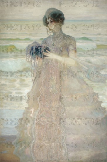 Kazimierz Stabrowski (b. 21 November 1869, d. 10 June 1929 in Garwolin), Polish painter: Story of the sea (1910), Story of the sea (1910), authentic, digitally restored reproduction from an early 20th century original, exact date of depiction unknown, Historical, Mysterious woman in opulent lace by the sea, with a decorated object in her hands