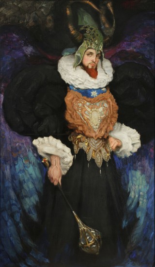 Kazimierz Stabrowski (b. 21 November 1869, d. 10 June 1929 in Garwolin), Polish painter: portrait of Bronislaw Brykner in fanciful costume (1908), Portrait of Bronislaw Brykner in fanciful costume (1908), authentic, digitally restored reproduction from an early 20th century original, exact date of depiction unknown, Historical, A man in a detailed, striking costume, historically and imaginatively designed