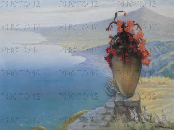 Kazimierz Stabrowski (b. 21 November 1869, d. 10 June 1929 in Garwolin), Polish painter: View of Taormina (1901), View of Taormina (1901), authentic, digitally restored reproduction from an early 20th century original, exact date of depiction unknown, Historic, A vase with flowers in front of a calming coastal landscape and a wide view of the sea