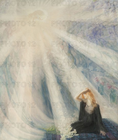 Kazimierz Stabrowski (b. 21 November 1869, d. 10 June 1929 in Garwolin), Polish painter: Vision III, sketch for Annunciation (in front of 1910), Vision III, Sketch for Annunciation (in front of 1910), authentic, digitally restored reproduction from an early 20th century original, exact date of depiction unknown, Historical, A woman sits in a mystical setting, surrounded by rays of light and mysterious tones