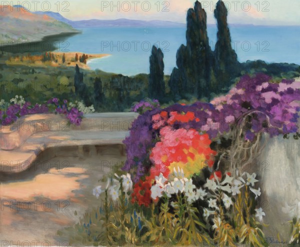 Kazimierz Stabrowski (b. 21 November 1869, d. 10 June 1929 in Garwolin), Polish painter: Southern landscape Taormina (1922), Southern landscape Taormina (1922), authentic, digitally restored reproduction from a model from the early 20th century, exact date of depiction unknown, historical, Mediterranean view with flowering plants on a sunny terrace