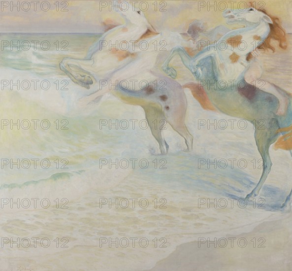 Kazimierz Stabrowski (b. 21 November 1869, d. 10 June 1929 in Garwolin), Polish painter: Sketch for Fight for a woman (1920-1922), Sketch for Fight for a woman (1920-1922), authentic, digitally restored reproduction from a model from the early 20th century, exact date of depiction unknown, historical, Surreal painting of two jumping horses by the sea, in dynamic movement and soft colours