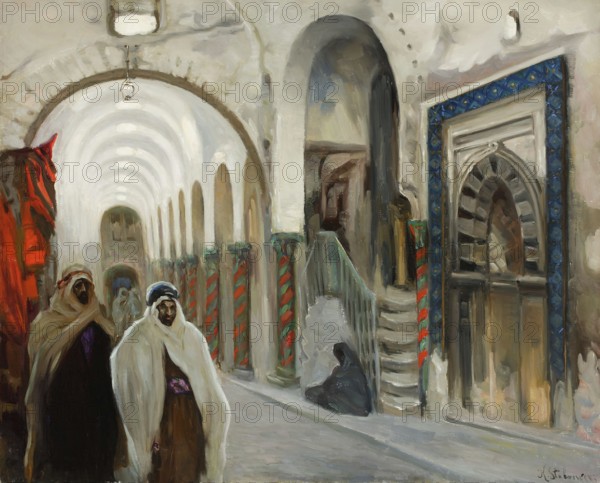Kazimierz Stabrowski (b. 21 November 1869, d. 10 June 1929 in Garwolin), Polish painter: Souq in Kairouan (1926, 1927), Souq in Kairouan (1926-1927), authentic, digitally restored reproduction from a model from the early 20th century, exact date of depiction unknown, historical, Colourful market scenario with oriental architecture, aisles and people in traditional dress