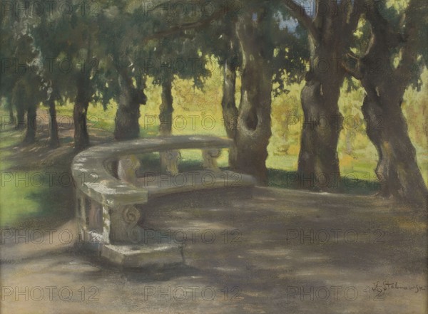 Kazimierz Stabrowski (b. 21 November 1869, d. 10 June 1929 in Garwolin), Polish painter: Oak lane in the park by Villa Borghese in Rome (1924), Oak lane in the park of Villa Borghese in Rome (1924), authentic, digitally restored reproduction from a model from the early 20th century, exact date of depiction unknown, Historical, Shadowy scene with a stone bench and trees in a light-flooded forest