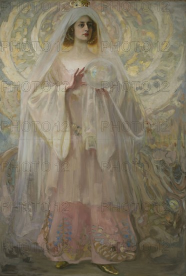 Kazimierz Stabrowski (b. 21 November 1869, d. 10 June 1929 in Garwolin), Polish painter: Princess of the magic crystal (in front of 1910), Princess of the magic crystal (in front of 1910), authentic, digitally restored reproduction from a model from the early 20th century, exact date of depiction unknown, historical, Mystical woman with veil and crystal ball in pink pastel-coloured, ornamental surroundings