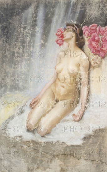 Kazimierz Stabrowski (b. 21 November 1869, d. 10 June 1929 in Garwolin), Polish painter: Nude (1920-22), Nude (1920-22), authentic, digitally restored reproduction from an early 20th century original, exact date of depiction unknown, Historical, A woman sits in front of a waterfall, surrounded by flowers, in a romantic scene