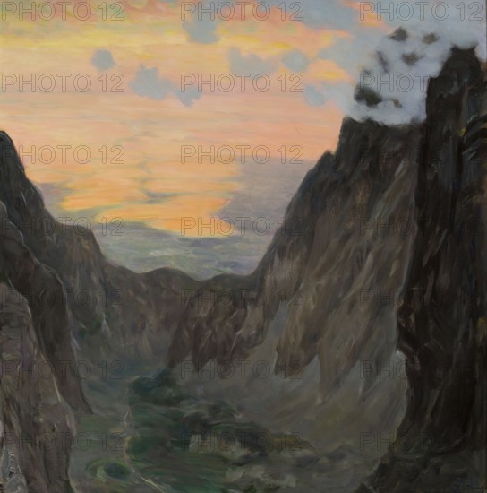 Kazimierz Stabrowski (b. 21 November 1869, d. 10 June 1929 in Garwolin), Polish painter: Misty mountains (1924-1927), authentic, digitally restored reproduction from an early 20th century original, exact date of depiction unknown, Historical, A dramatic sunset over a valley between steep cliffs