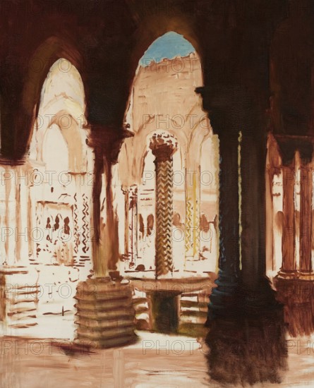 Kazimierz Stabrowski (b. 21 November 1869, d. 10 June 1929 in Garwolin), Polish painter: Monastery courtyard in Monreale-Palermo (1924-1926), Monastery courtyard in Monreale-Palermo (1924-1926), authentic, digitally restored reproduction from a model from the early 20th century, exact date of depiction unknown, Historical, Ancient ruins with striped arches and columns in a play of light and shadow