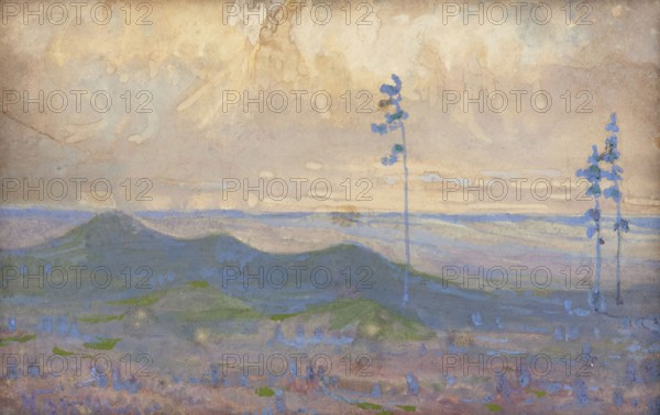 Kazimierz Stabrowski (b. 21 November 1869, d. 10 June 1929 in Garwolin), Polish painter: Landscape with three trees, Landscape with three trees, authentic, digitally restored reproduction from a model from the early 20th century, exact date of depiction unknown, historical, An abstract landscape with rolling hills and distant trees in pastel colours