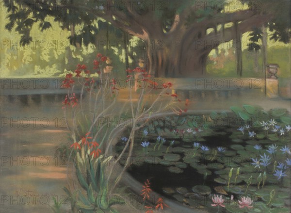 Kazimierz Stabrowski (b. 21 November 1869, d. 10 June 1929 in Garwolin), Polish painter: Lotuses in a park in Palermo (1924), Lotus flowers in a park in Palermo (1924), authentic, digitally restored reproduction from an early 20th century original, exact date of depiction unknown, Historic, An idyllic garden with a pond full of water lilies and a large tree in the shade