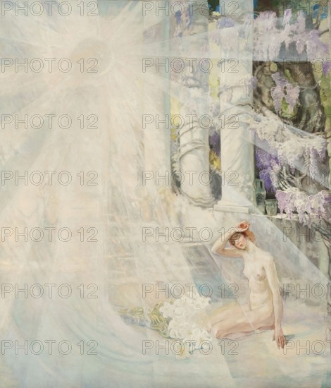 Kazimierz Stabrowski (b. 21 November 1869, d. 10 June 1929 in Garwolin), Polish painter: Vision I, sketch for Annunciation (in front of 1910), Vision I, Sketch for Annunciation (in front of 1910), authentic, digitally restored reproduction from an early 20th century model, exact date of depiction unknown, Historical, Light-flooded ethereal scene with columns, a naked woman and flowers, of mystical atmosphere