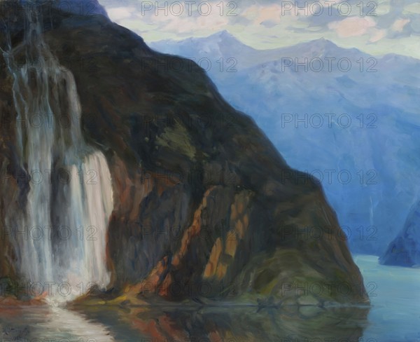 Kazimierz Stabrowski (b. 21 November 1869, d. 10 June 1929 in Garwolin), Polish painter: Landscape with a waterfall (1928), Landscape with a waterfall (1928), authentic, digitally restored reproduction from a model from the early 20th century, exact date of depiction unknown, Historical, A waterfall flows over steep rocks against a backdrop of blue mountains