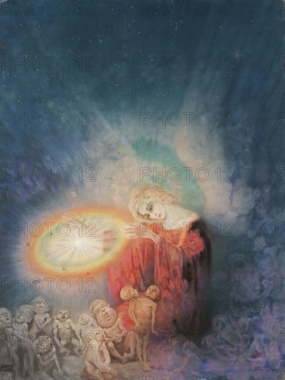 Kazimierz Stabrowski (b. 21 November 1869, d. 10 June 1929 in Garwolin), Polish painter: Consoler of monsters (1920), Tröster der Monster (1920), authentic, digitally restored reproduction from an early 20th century model, exact date of depiction unknown, historical, angel holding a rainbow-coloured light, surrounded by admiring children