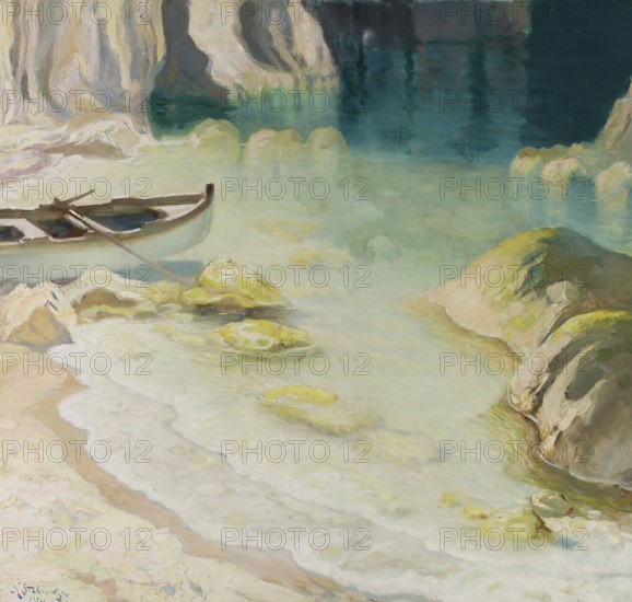 Kazimierz Stabrowski (b. 21 November 1869, d. 10 June 1929 in Garwolin), Polish painter: Boat at rocky coast (1924), Boat at rocky coast (1924), authentic, digitally restored reproduction from a model from the early 20th century, exact date of depiction unknown, historical, rocky bay with a boat on clear water, bright and calming scene