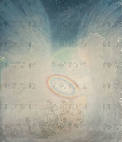 Kazimierz Stabrowski (b. 21 November 1869, d. 10 June 1929 in Garwolin), Polish painter: Angel and monsters (1920-1922), Angel and monsters (1920-1922), authentic, digitally restored reproduction from an early 20th century original, exact date of depiction unknown, historical, angel with large wings above a group of children, rainbow-coloured light