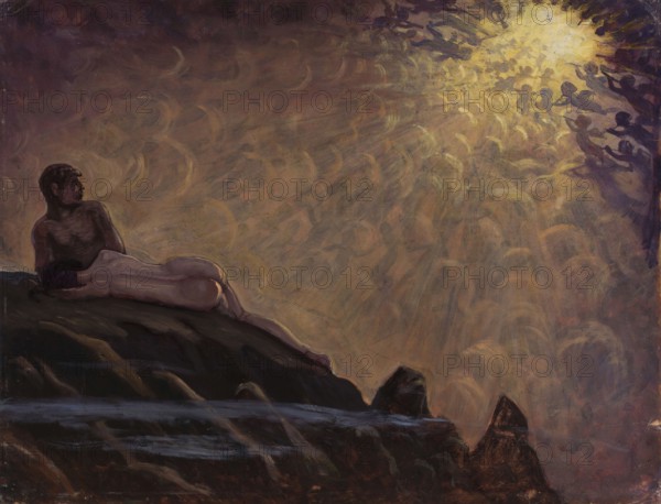 Kazimierz Stabrowski (b. 21 November 1869, d. 10 June 1929 in Garwolin), Polish painter: Fantastical composition (1924), Fantastical composition (1924), authentic, digitally restored reproduction from an early 20th century original, exact date of depiction unknown, historical, man on rock, surrounded by mystical light, numerous ghostly figures