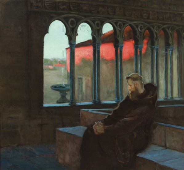 Kazimierz Stabrowski (b. 21 November 1869, d. 10 June 1929 in Garwolin), Polish painter: In monastic silence (1927-1928), In monastic silence (1927-1928), authentic, digitally restored reproduction from a model from the early 20th century, exact date of depiction unknown, Historical, Pensive monk in the old cloister, illuminated by arches looking outwards