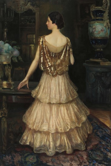 Kazimierz Stabrowski (b. 21 November 1869, d. 10 June 1929 in Garwolin), Polish painter: portrait of Mrs. Gawronska (1927), Portrait of Mrs. Gawronska (1927), authentic, digitally restored reproduction from an early 20th century original, exact date of depiction unknown, Historical, Elegant woman in a glamorous, antiquated dress in a richly decorated interior