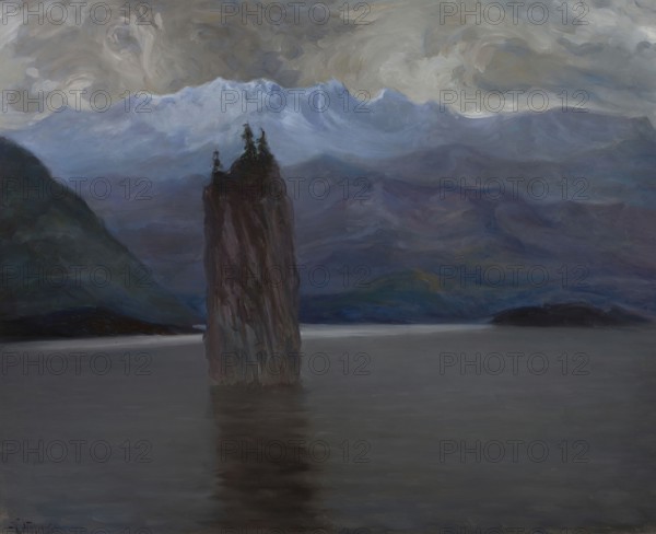 Kazimierz Stabrowski (b. 21 November 1869, d. 10 June 1929 in Garwolin), Polish painter: Norwegian fjord (1928), Norwegian fjord (1928), authentic, digitally restored reproduction from an early 20th century original, exact date of depiction unknown, Historical, A quiet mountain lake with a protruding rock surrounded by gloomy clouds