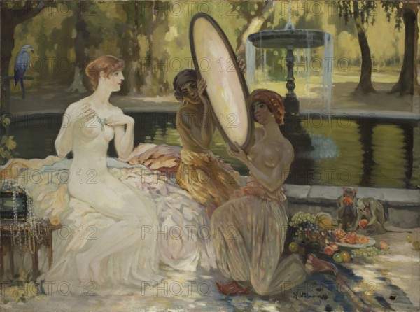 Kazimierz Stabrowski (born 21 November 1869, died 10 June 1929 in Garwolin), Polish painter: Fairy tale jewels (1923), Fairy tale jewels (1923), authentic, digitally restored reproduction from an early 20th century original, exact date of depiction unknown, historical, woman in elegant garden with fabrics and mirror, calm and nostalgic scene