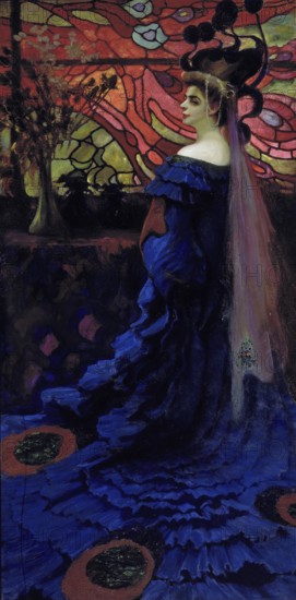 Kazimierz Stabrowski (b. 21 November 1869, d. 10 June 1929 in Garwolin), Polish painter: Peacock, portrait of Zofia Borucinska née Jakimowicz (1908), Woman in front of a stained glass window. The Peacock, portrait of Zofia Borucinska, authentic, digitally restored reproduction from an early 20th century original, exact date of depiction unknown, Historical, A woman in a magnificent blue dress stands in front of an ornate, colourful background