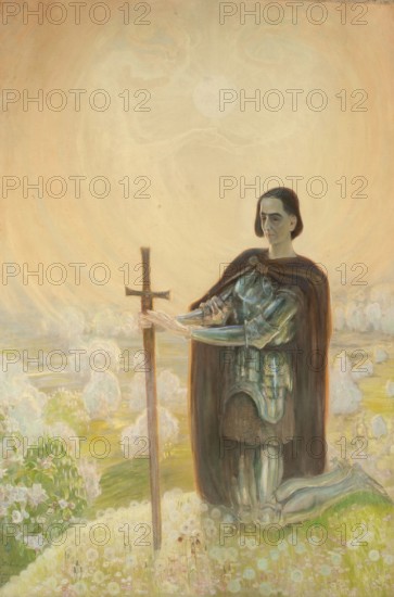 Kazimierz Stabrowski (b. 21 November 1869, d. 10 June 1929 in Garwolin), Polish painter: Prayer at the battle field (1915), authentic, digitally restored reproduction from an early 20th century original, exact date of depiction unknown, historical, A knight in armour kneels with a sword in a flowery, fairytale-like field in the sunset