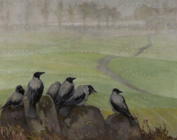 Kazimierz Stabrowski (b. 21 November 1869, d. 10 June 1929 in Garwolin), Polish painter: Crows, Council of Seniors (1923), authentic, digitally restored reproduction from a model from the early 20th century, exact date of depiction unknown, historical, group of crows on a stone in a foggy field landscape, gloomy mood