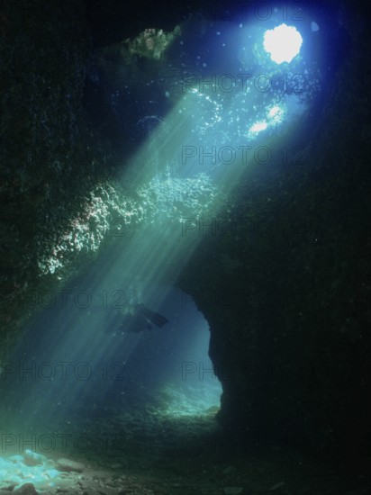 Rays of light illuminate the fascinating underwater cave that a diver explores. Fraskeric dive site, Stoja, Pula, Croatia, Mediterranean