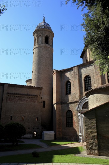 Basilica Basilica of San Vitale, is one of the most important church buildings of the late antique-early Byzantine period, with campanile, World Heritage Site, Ravenna, Emilia Romagna, Italy