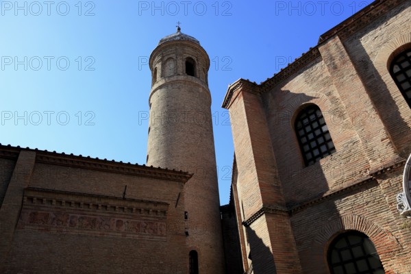 Basilica Basilica of San Vitale, is one of the most important church buildings of the late antique-early Byzantine period, with campanile, World Heritage Site, Ravenna, Emilia Romagna, Italy