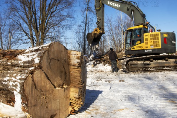 Excavator moving in a residential area, Lanaudiere regon, province of Quebec, Canada