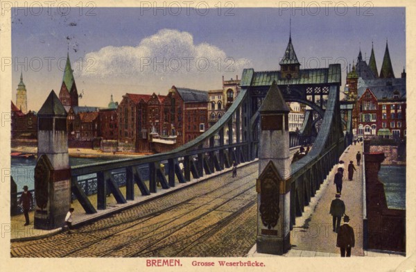 Historical postcard around 1900, Bremen, Weserbrücke, Germany, reproduction of a postcard, historical