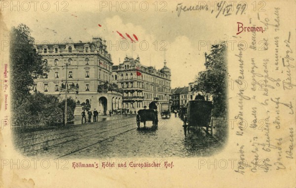 Historical postcard around 1900, Bremen, Höllmann's Hotel and Europäischer Hof, Germany, reproduction of a postcard, historical